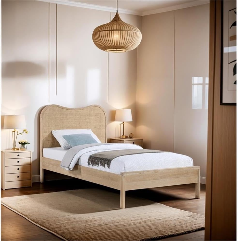 BOWERY HILL Contemporary Solid Wood Twin Bed, Natural Finish and Cane Accents, 42" W x 80" D x 43" H, Mid-Century Modern Design, Fully Slatted, No Box Spring Required, Durable Bedroom Furniture