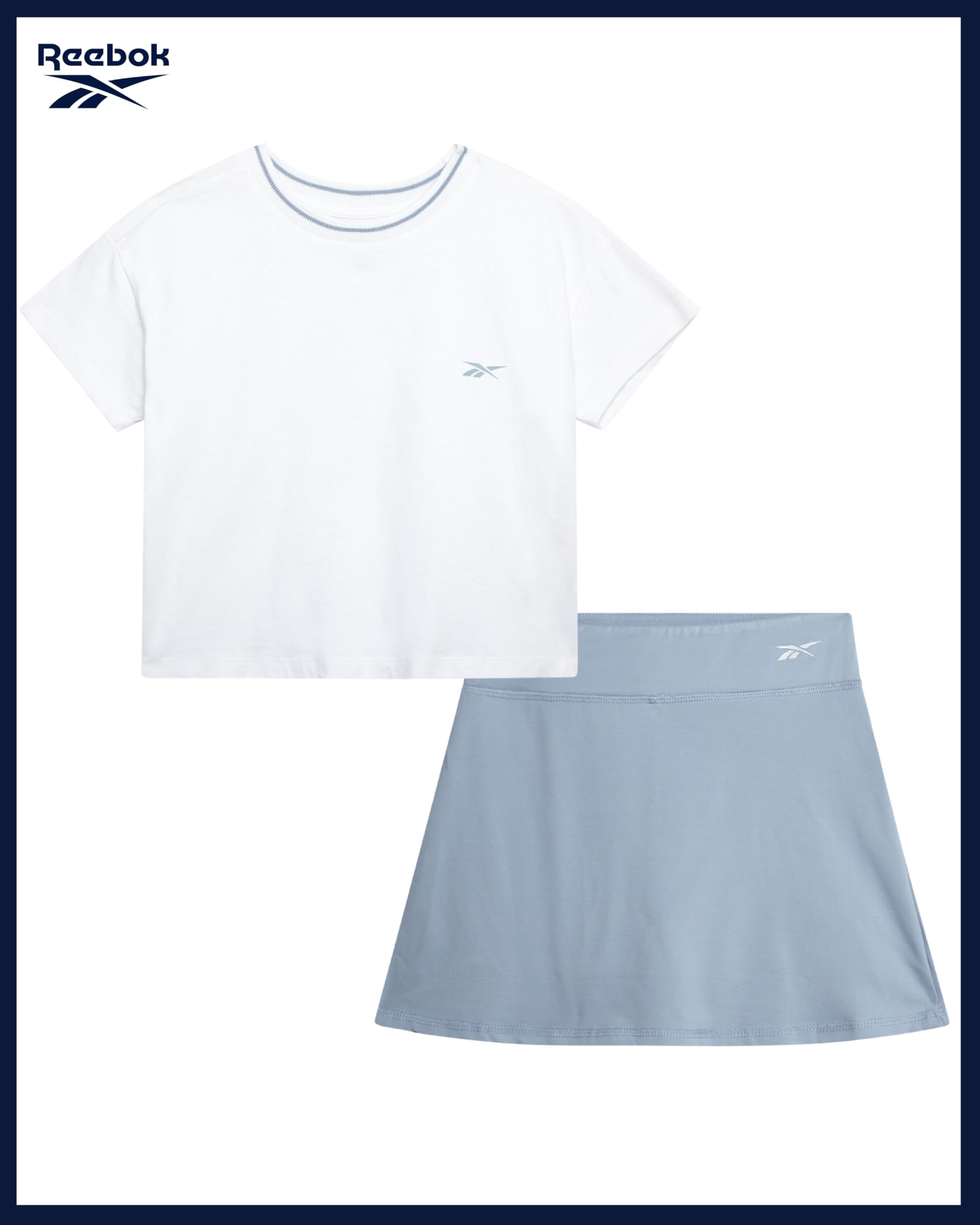 Reebok Mädchen-Rock-Set – 2-teiliges kurzärmeliges Oberteil und fließender Tennisrock mit Shorts darunter – athletisches Skort-Set für Mädchen
