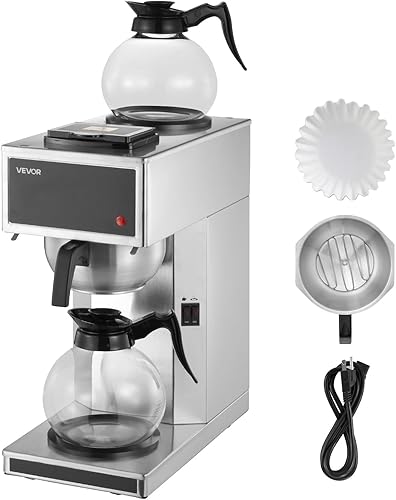 VEVOR Cafetera comercial de goteo, cafetera de 12 tazas con 2 jarras de vidrio y 2 platos calentadores de decantador, cafetera de acero inoxidable