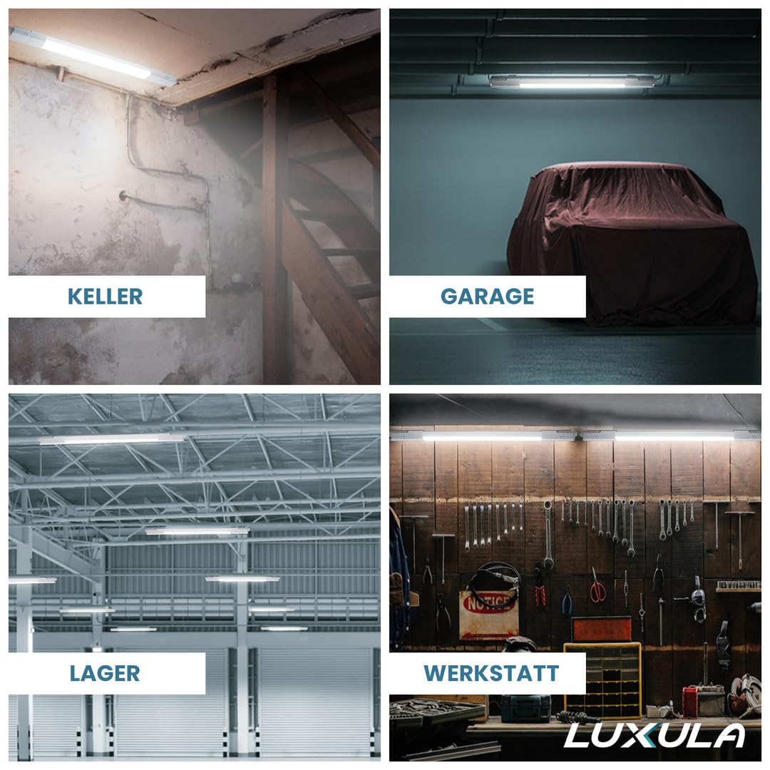 LUXULA 4x LED Feuchtraumleuchte 120 cm, 32W 3680lm, 115lm/W, durchschleifbar, Fast Connector, robuste Wannenleuchte für Garage Keller Werkstatt, gleichmäßige Ausleuchtung, einfache Montage