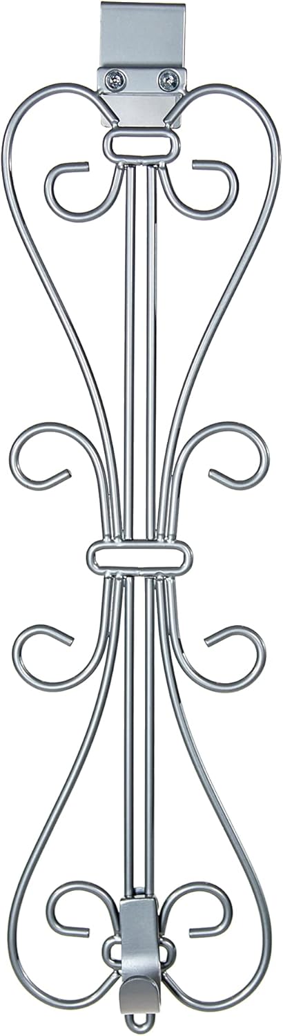 [Front Door WREATH HANGER] - Elegant Design | ADJUSTABLE Hook Length for Tall and Small Doors | PADDING to Prevent Damage like Scratch and Dents | Heavy Duty Cast Iron Metal Hangar (Silver)