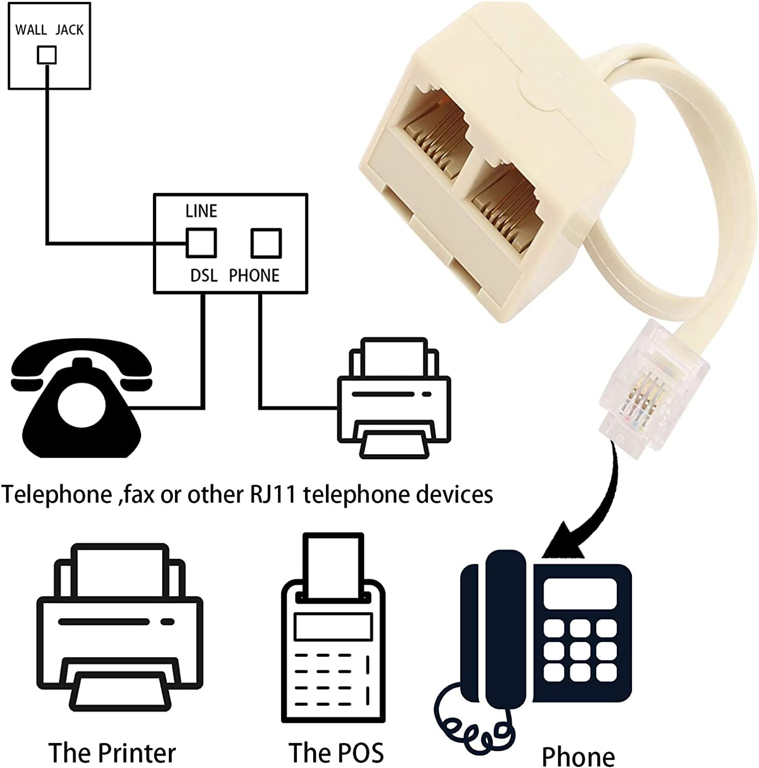 6 Pezzi Sdoppiatore A T RJ11 6P4C 1 Maschio A 2 Femmine – Avorio