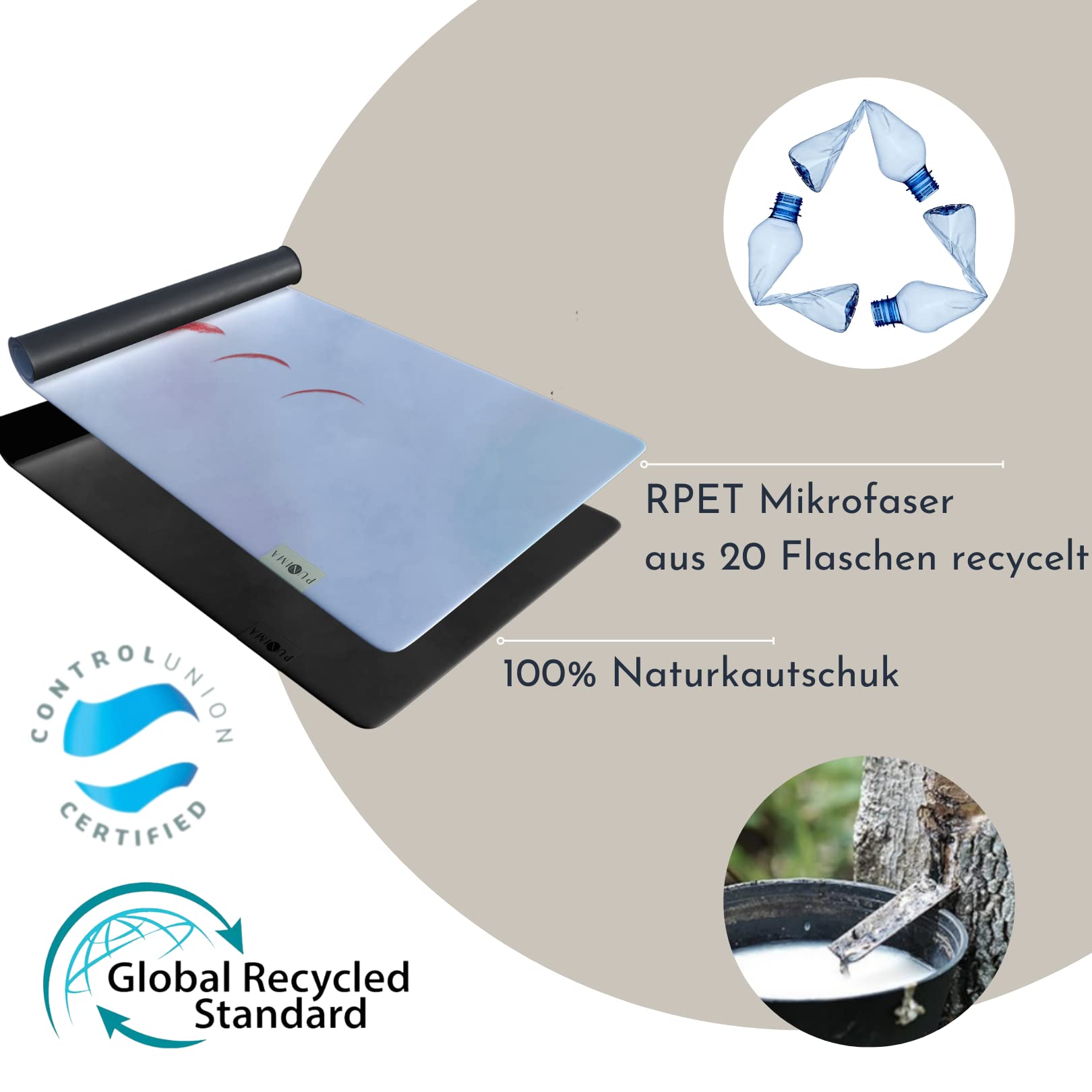 PUNIMA RPET Travel Yogamatte, 2 in 1 Yogamat + Handtuch, extra dünn (0,1 cm dick, 1,4 kg leicht), faltbare Reise Yoga Matte, Vorderseite aus recycelten Plastikflaschen & Rückseite Naturkautschuk