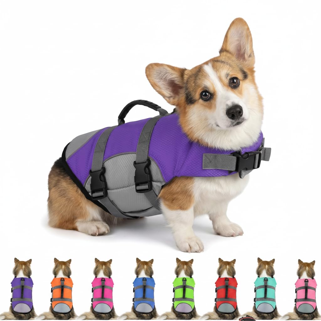 Mklhgty Dog Life Jacket, Reflective Adjustable Dog Vest with Rescue Handle for Swimming and Boating, Ripstop Pet Safety Life Preserver for Small, Medium and Large Dogs