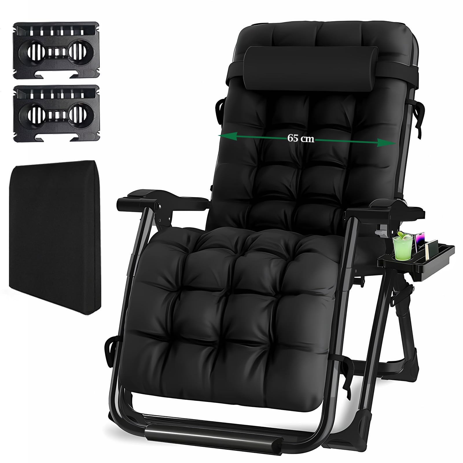 Fiutazge 65cm Large Chaise Longue Jardin Exterieur,Zero Gravity Transat De Plage Pliable avec Coussin,Appui-tête,Porte-Boisson pour Patio,Plage,Piscine,Capacité 240kg,Noir