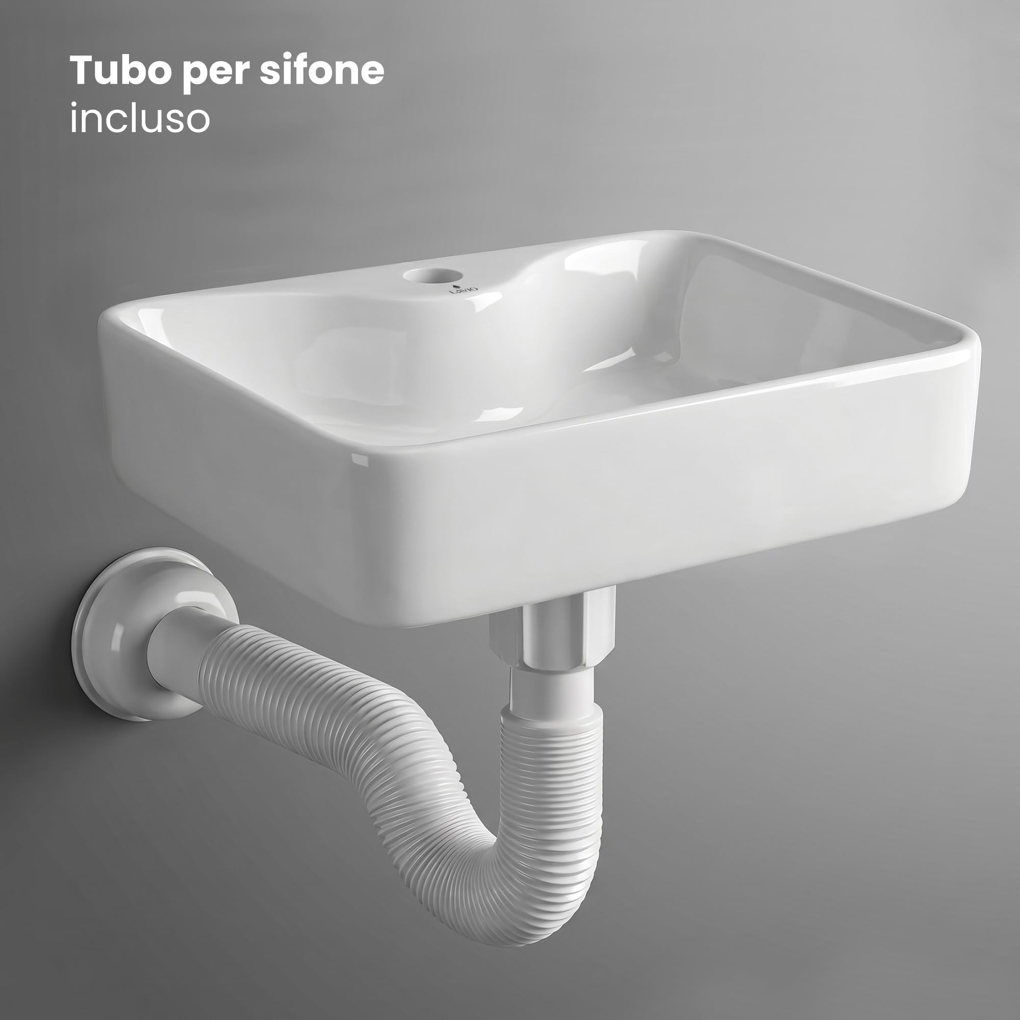 AKORD Lavabo da Appoggio Rettangolare AURA in Ceramica per Bagno, Moderno con Foro Rubinetteria, 47x37,5x14 cm, Bianco Lucido