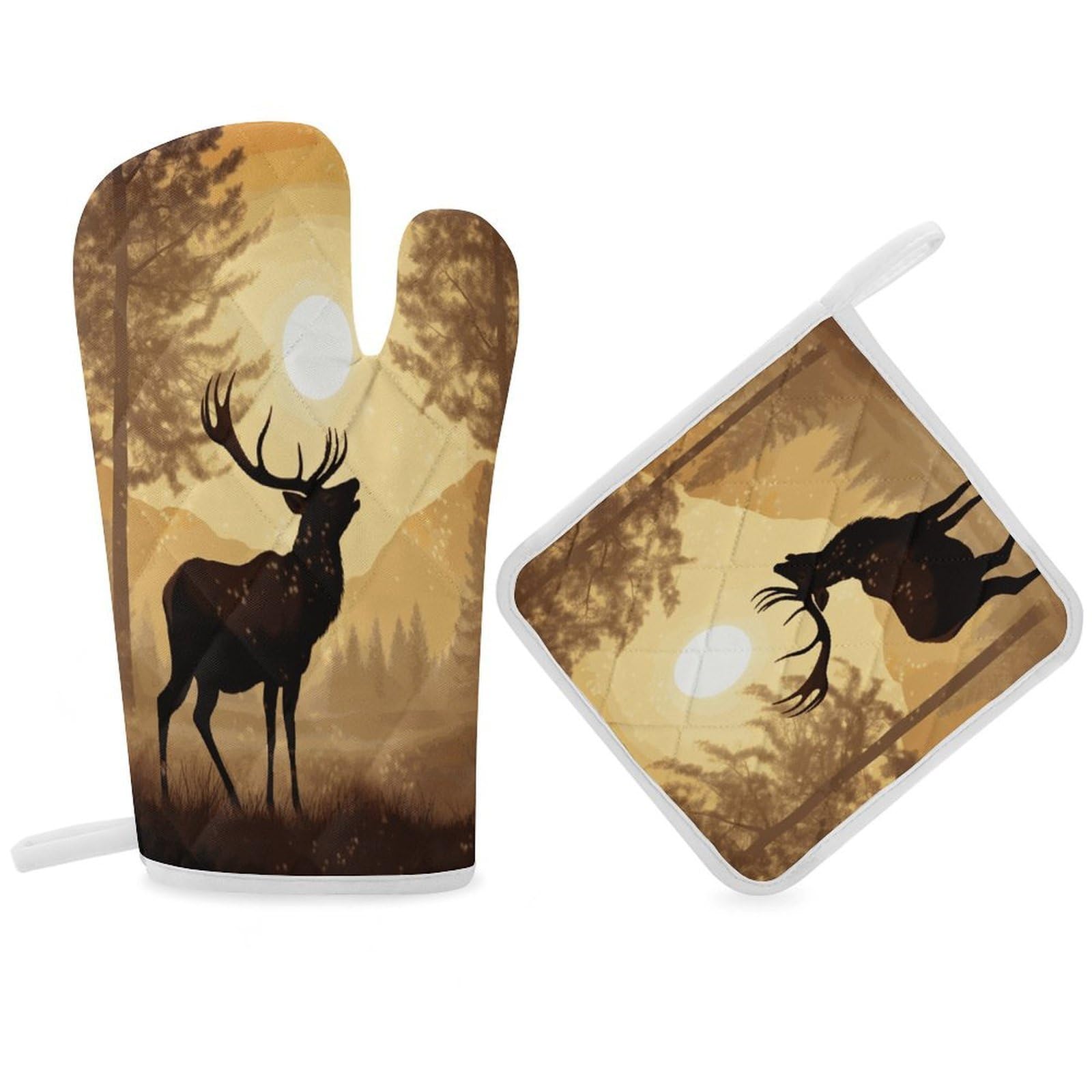 Fodpand Women's Style Elk Artwork Oven Mitts And Pot Holders Sets,Oven Gloves For Kitchen Oven Mitts And Potholders For Baking Cooking Grilling Apartment Essentials