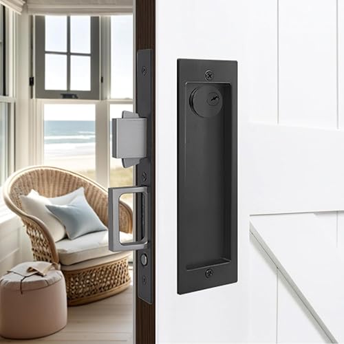 Cerradura de puerta de bolsillo de privacidad, color negro, cerradura de puerta de bolsillo moderna con tirador de borde desplegable oculto,