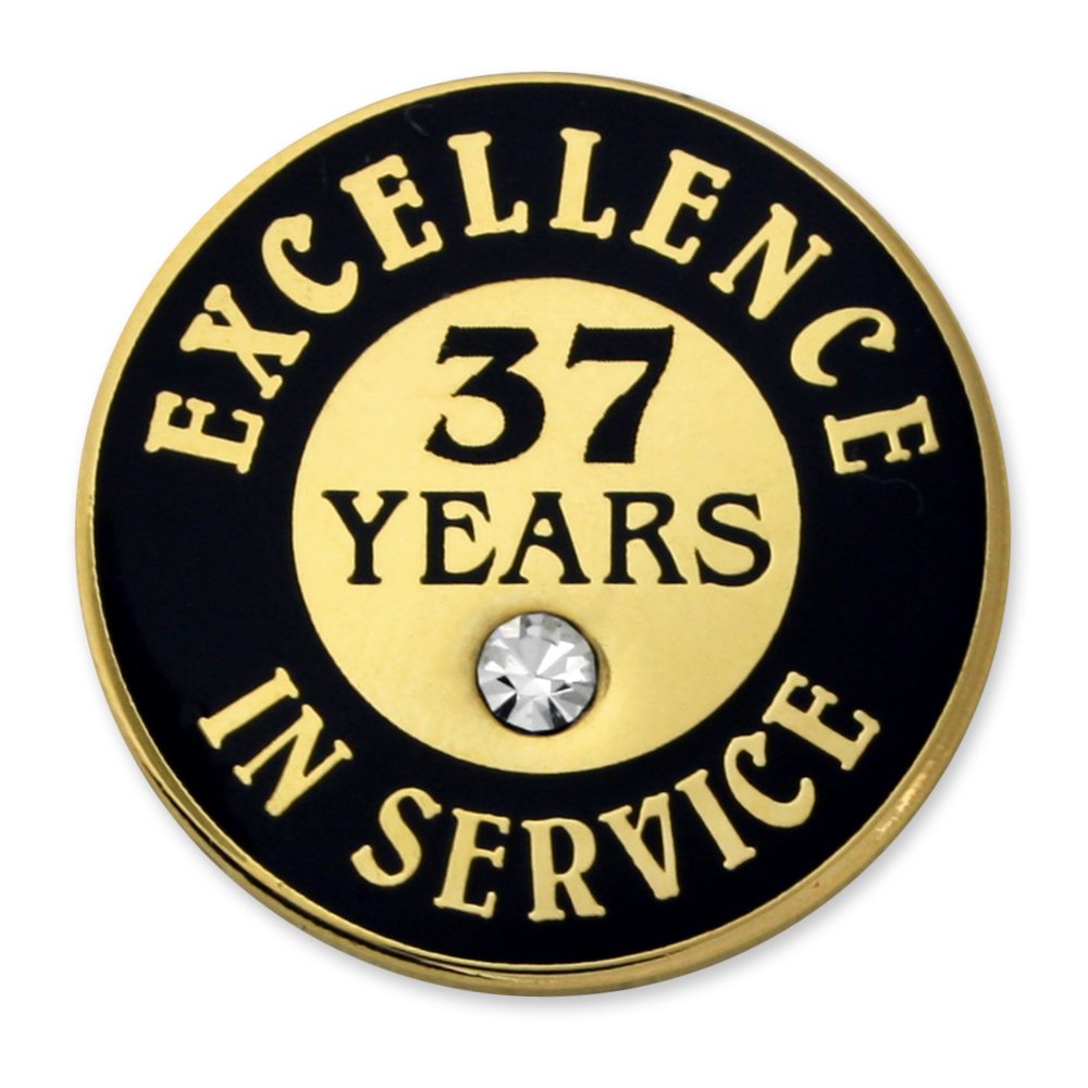 PinMart Gold Color Plated Excellence in Service Year Award Lapel Pin – Metal Enamel Workplace Reward Pin w/Rhinestone – 1-60 Years Pins for Long Standing Employees