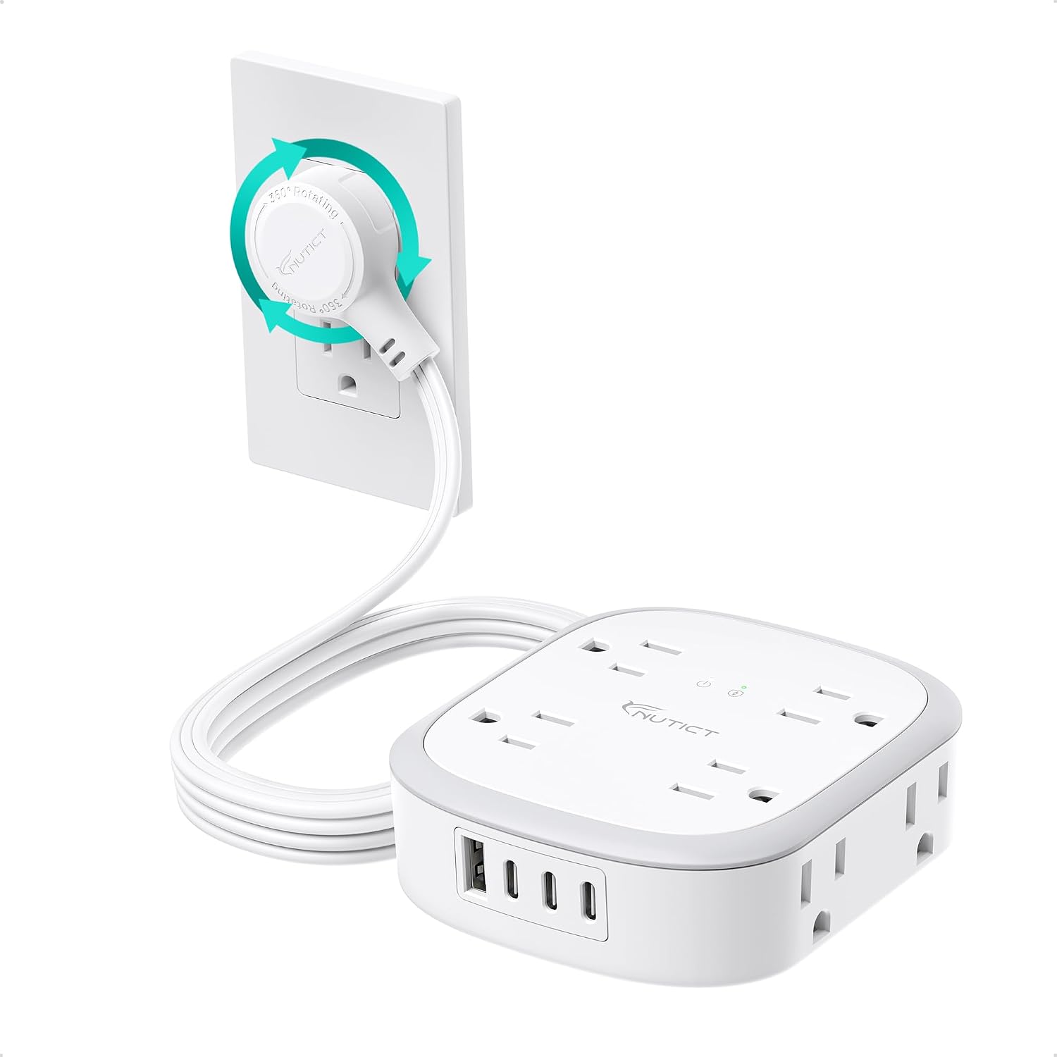 360° Rotating Flat Plug Surge Protector Power Strip, 6 FT Extension Cord | 8 AC Outlets and 4 USB Ports (3 USB C), Wall Mount, Outlet Extender with Power Switch, Home Office Dorm Essentials, White