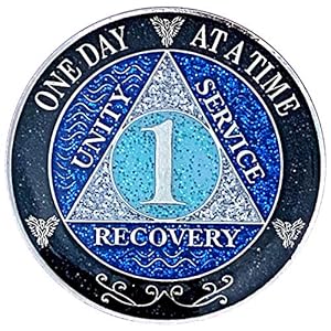 (Years 1-50) 1 Year AA Recovery Silver Color Plated Glitter Medallion, Black Rainbow, Blue, Silver Glitter Coin, Epoxy Covered (AA 1 Year Glitter Medallion)
