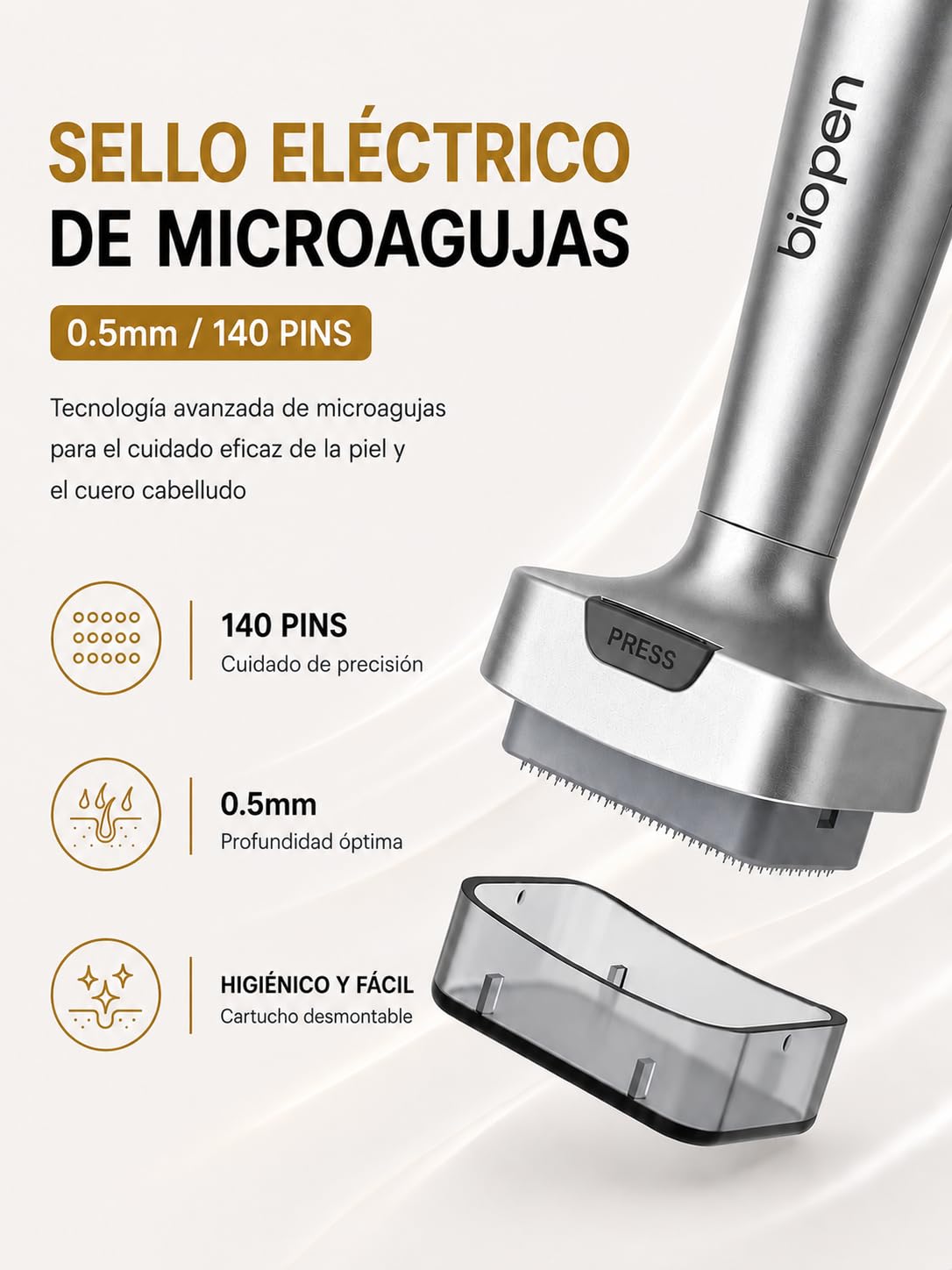 Biopen Bio6 Derma Stamp - Rodillo eléctrico 4 en 1 para tratamiento de la pérdida de cabello en la cabeza, antienvejecimiento, estiramiento de la piel, aclarado, imperfecciones, tratamiento de la