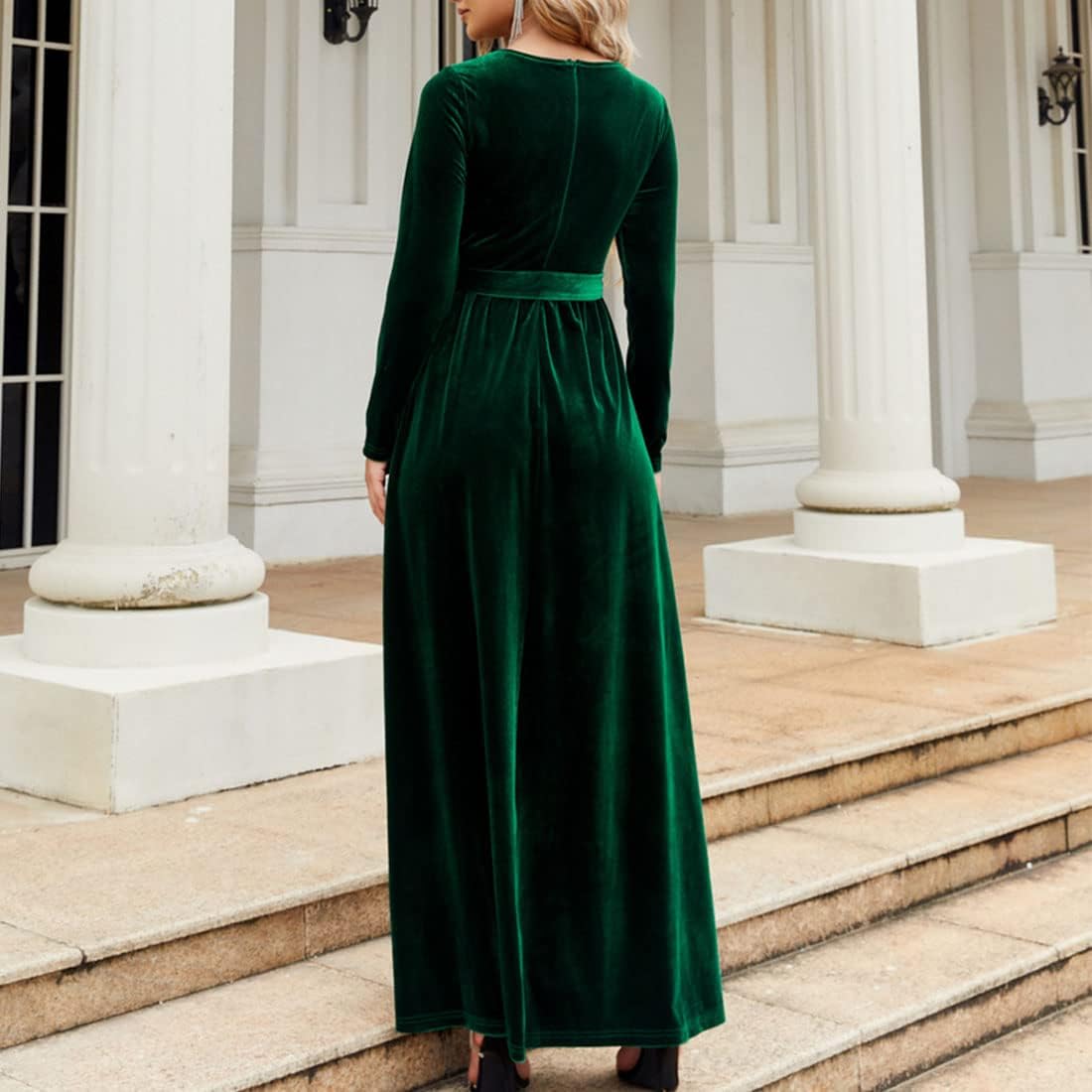 Women's Elegant Velvet Belted Pleated Long Sleeve Cocktail Party Formal Wedding Guest A-Line Maxi Long Dress - Image 4