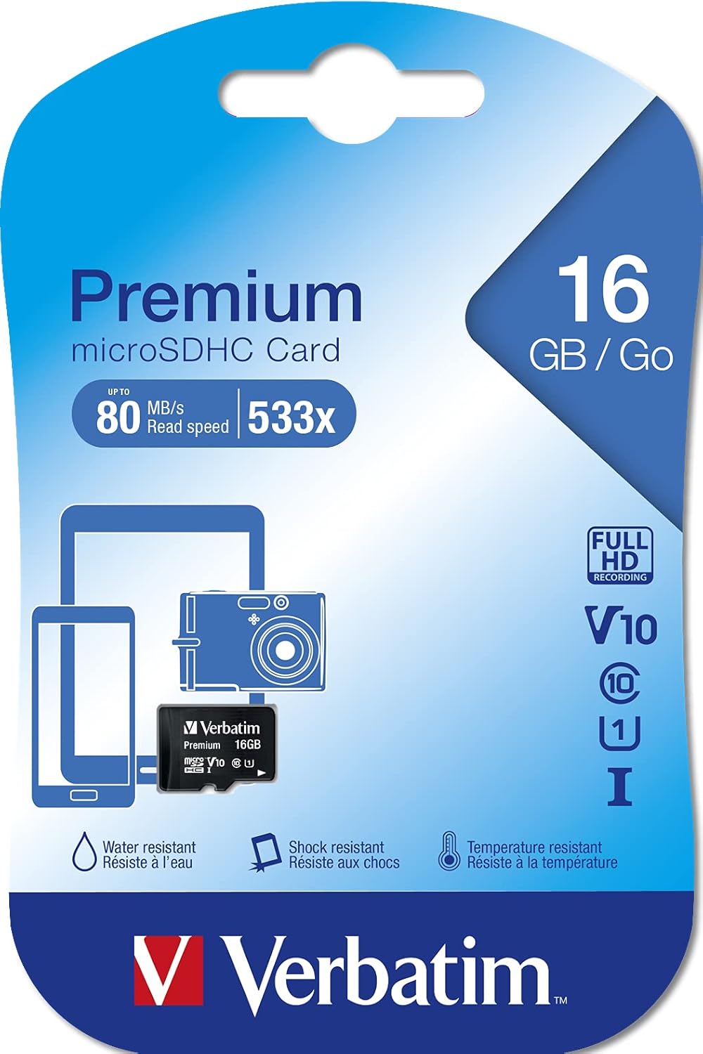 Verbatim 16GB MicroSDHC Premium Memory Card Black - SD Card for Full HD Video Capture - Water & Shock Resistant - SD Memory Card for Camera Smartphone Tablet