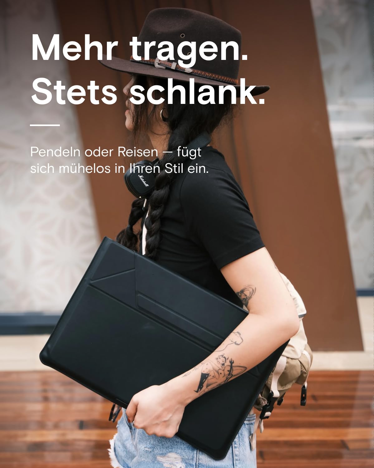MOFT Laptoptasche Hülle & Laptop Ständer für 13-14 Zoll Laptop, Vegan Leder Laptoptasche mit Erweiterbarem Stauraum, 2 Verstellbare Winkel, Kompatibel mit MacBook Air/Pro 13-14 Zoll, Schwarz