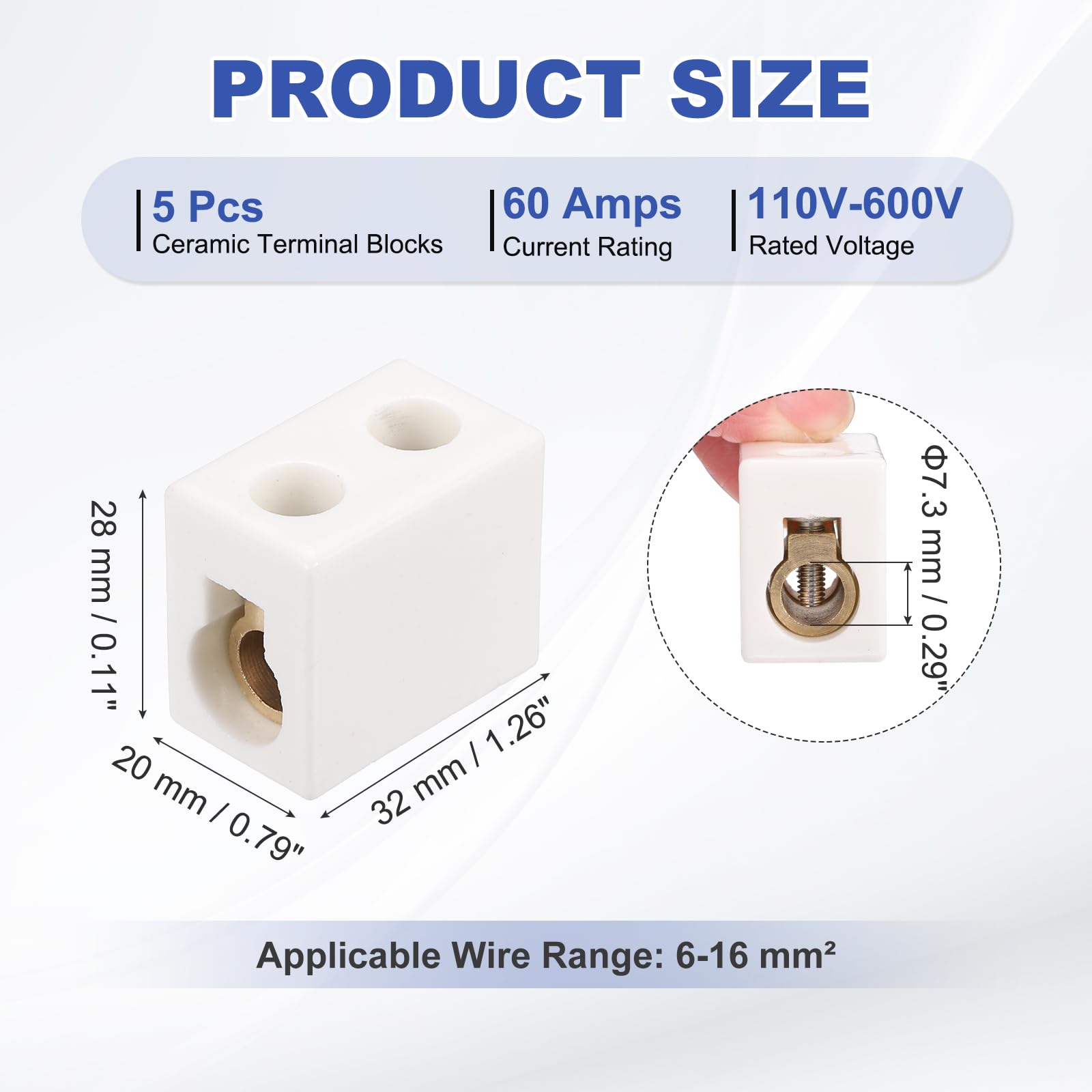sourcing map Lot de 5 borniers en céramique à 1 voie - 60 A 110 V-600 V - Connecteurs électriques en porcelaine et céramique avec conducteurs en laiton - 32 x 20 x 28 mm - Pour câble électrique