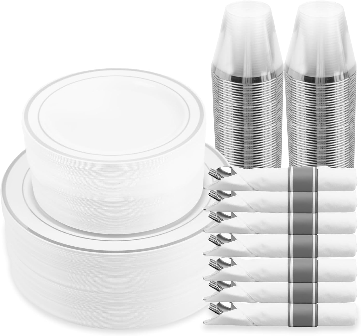 M MCIRCO 350 Piece Gold Dinnerware Set,100 Plastic Plates, 50 Cups,50 Pre Rolled Napkins with Plastic Silverware, Disposable Gold Dinnerware Set for 50 Guest