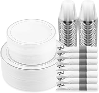 M MCIRCO 350 Piece Dinnerware Set,100 Silver Rim Plastic Plates, 50 Cups,50 Pre Rolled Napkins with Plastic Silverware, Disposable Dinnerware Set for 50 Guest, Silver