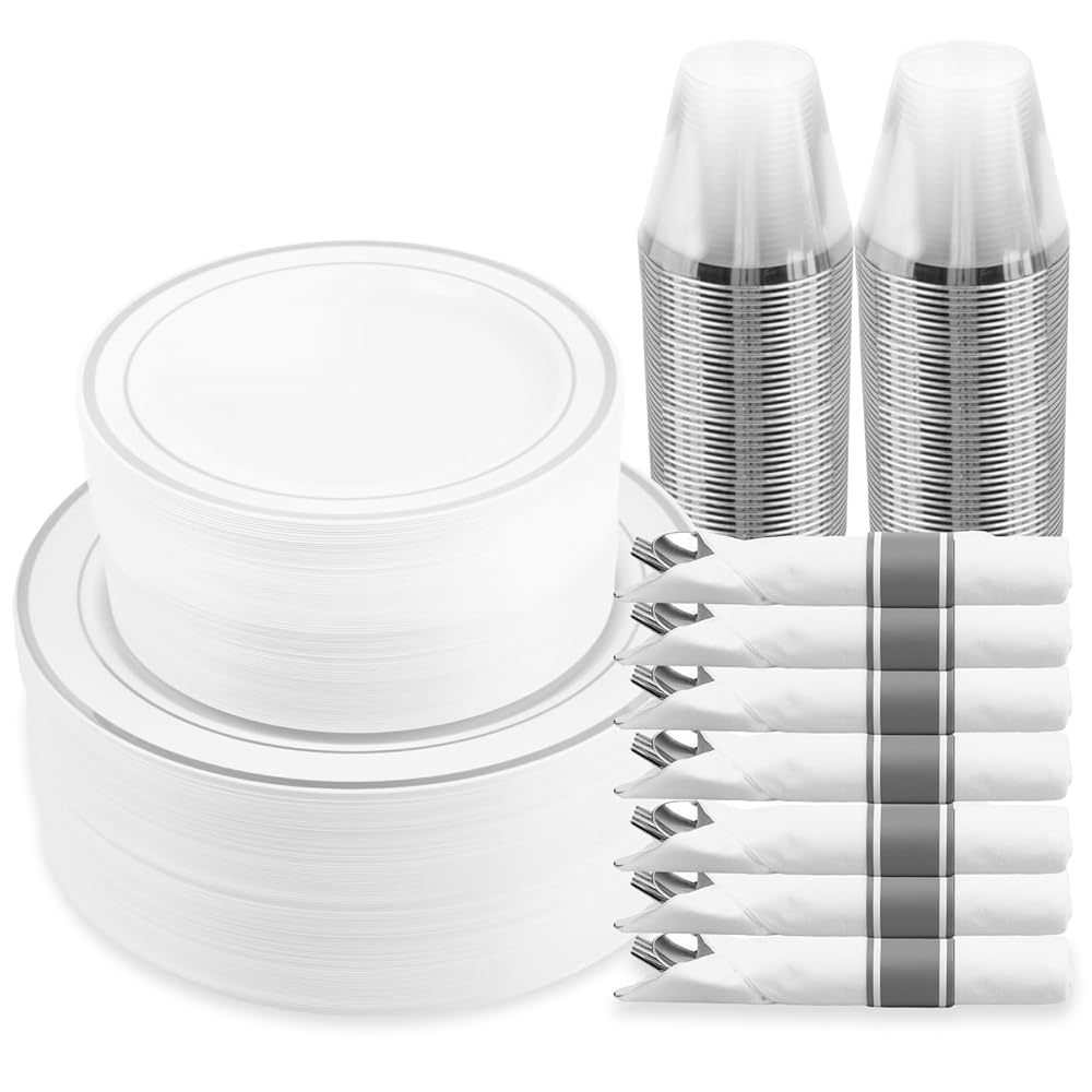 M MCIRCO 350 Piece Dinnerware Set,100 Silver Rim Plastic Plates, 50 Cups,50 Pre Rolled Napkins with Plastic Silverware, Disposable Dinnerware Set for 50 Guest, Silver