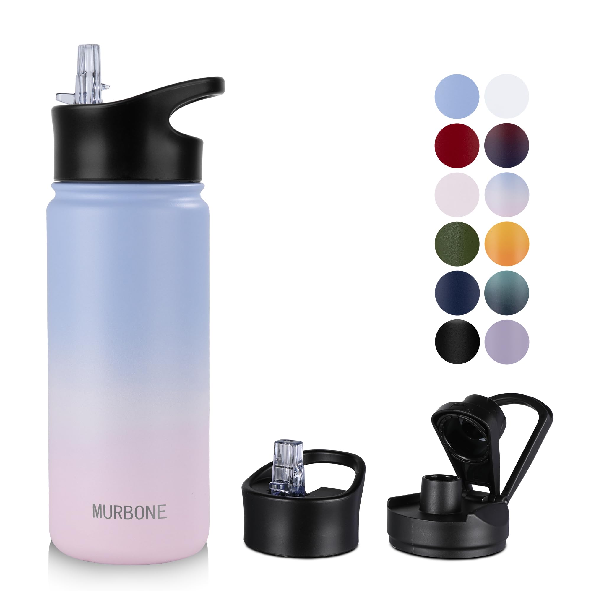 MURBONE Insulated Water Bottle, 500ml Stainless Steel Drink Flask with Straw, BPA Free, 2 Lids (Straw Lid and Spout Lid)