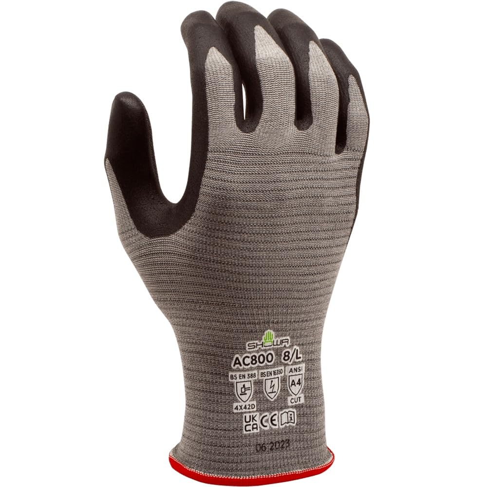 SHOWA AC800, Antistactic Industrial Protective Gloves, Nitrile Palm Coating, Cut level D, Touch Screen Compatible, Grey, 12 Pairs, Size Small