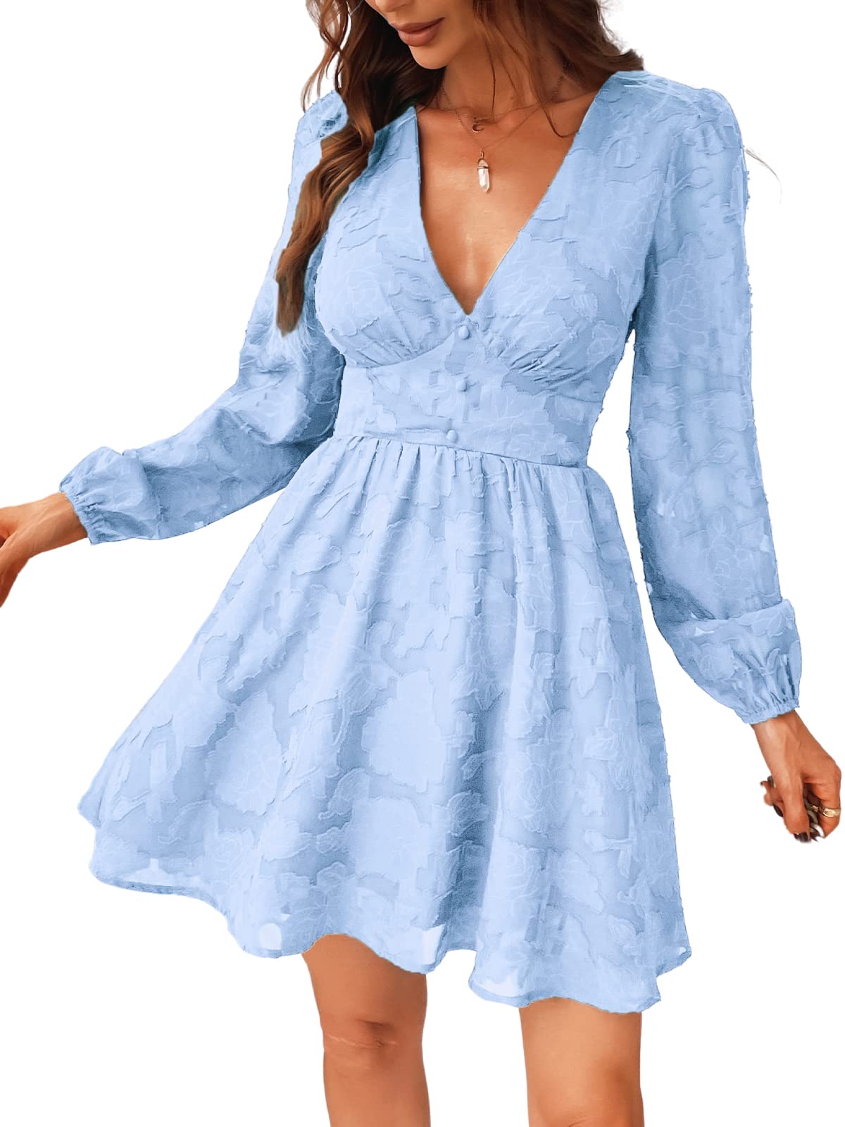 Cupshe Women's Lace Dress, V-Neck, Buttons, Long Sleeve, Floral Lace, A-Line Casual Dresses, Elegant Party Mini Dress