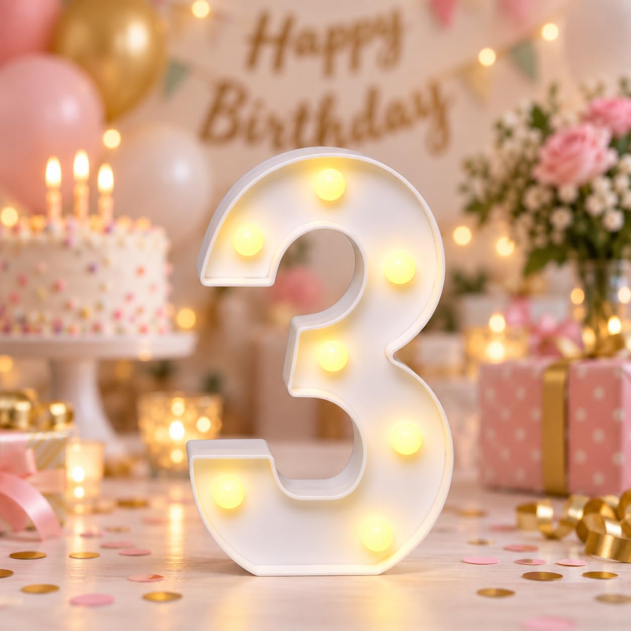 Light Up Number 3 for Birthday Decorations, Warm White LED Number Light