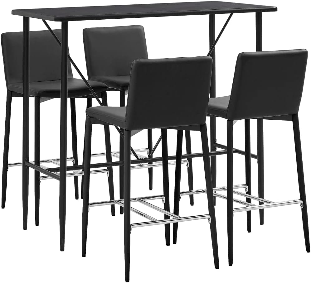 vidaXL Juego de Mesa Alta y Taburetes de Cocina Mesita y Sillas de Barra Desayuno 5 Piezas Cuero Sintético Negro