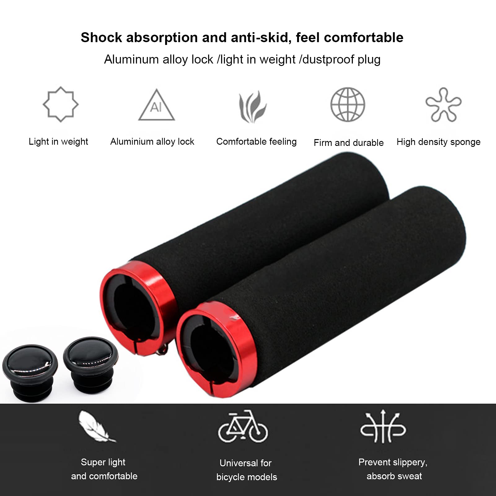 2PCS Bikes Handlebar Grips, Sponge Bikes Handlebar Grips, Skid Resistant and Skid Resistant Bikes Handle Bar Grips, Bikes Hand Bar End Grips(Black+red)