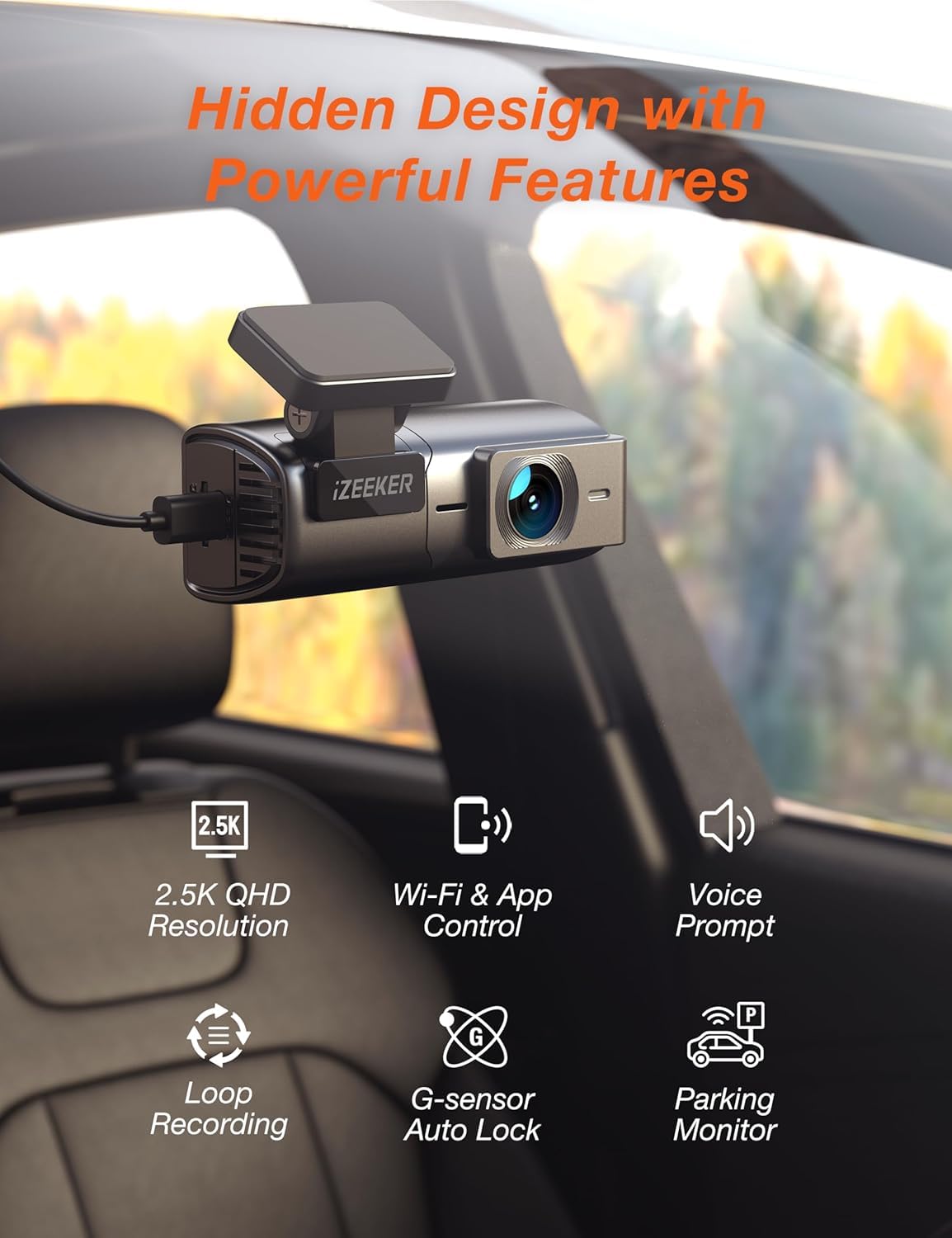 iZEEKER 1440P Dash Cam with WiFi, 2.5K QHD Dashcam, Mini Dash Camera with WDR, G-Sensor Emergency Recording, Loop Recording, 24H Parking Mode Supports, Voice Prompt — view 2