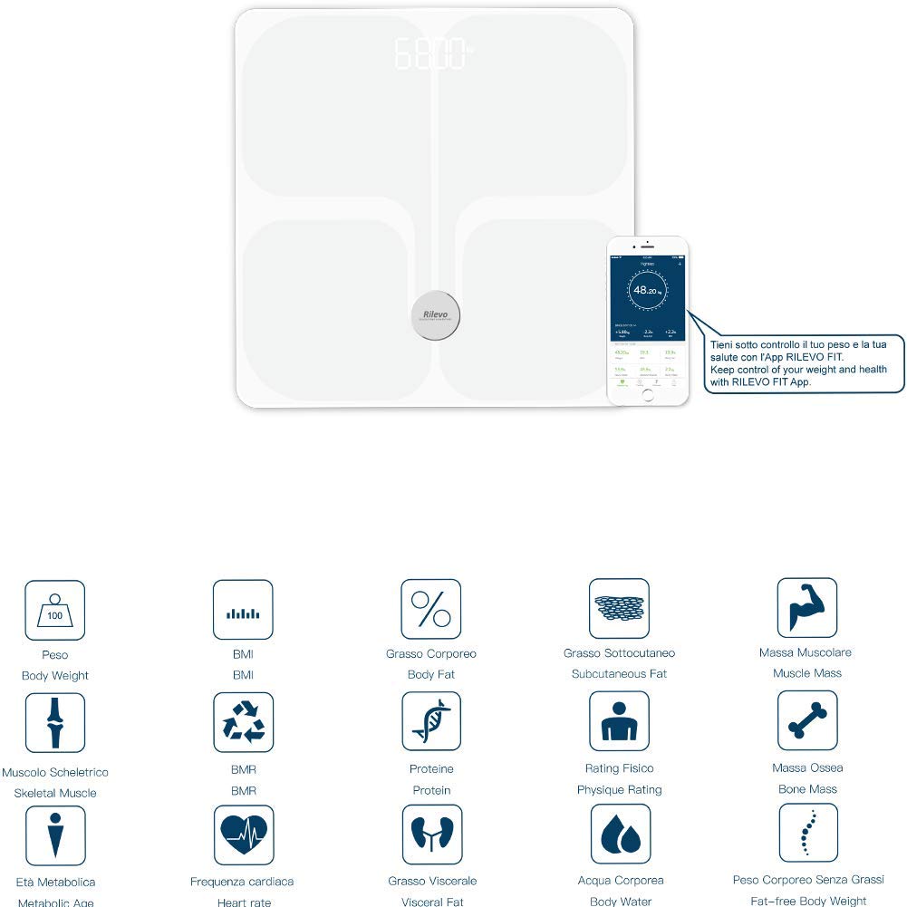 Bilancia Digitale Pesapersone Intelligente con Funzione Cardio e Impedenziometro- Bluetooth-Wifi- con App Rilevo Fit