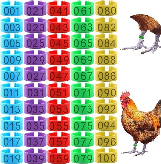 100 Pcs Chicken Leg Bands, Numbered Multi-Colored Poultry Plastic Bands for Ducks,Birds, Quails, Pigeons Clip Chicken Identification Leg Bands