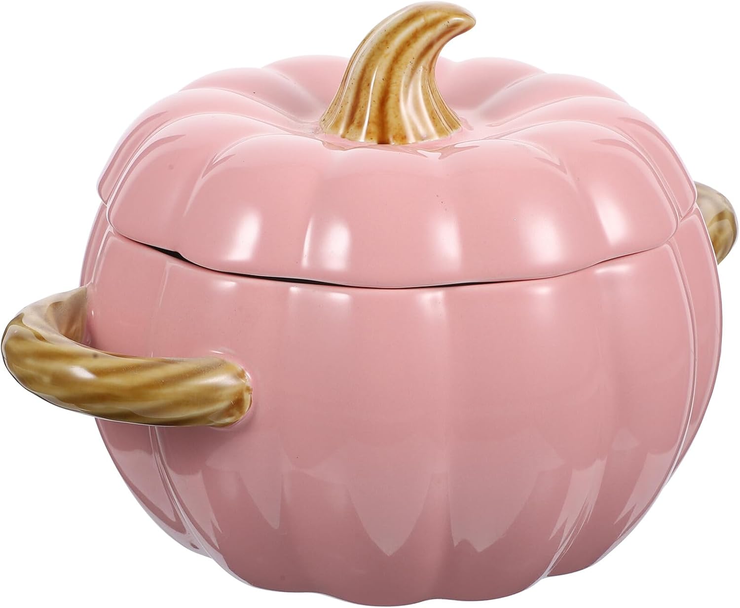 Ceramic Pumpkin Bowl with Lid and Double Handles, Porcelain Soup and Stew Pot, Pink Pumpkin Salad Bowl for Thanksgiving and Halloween Dining