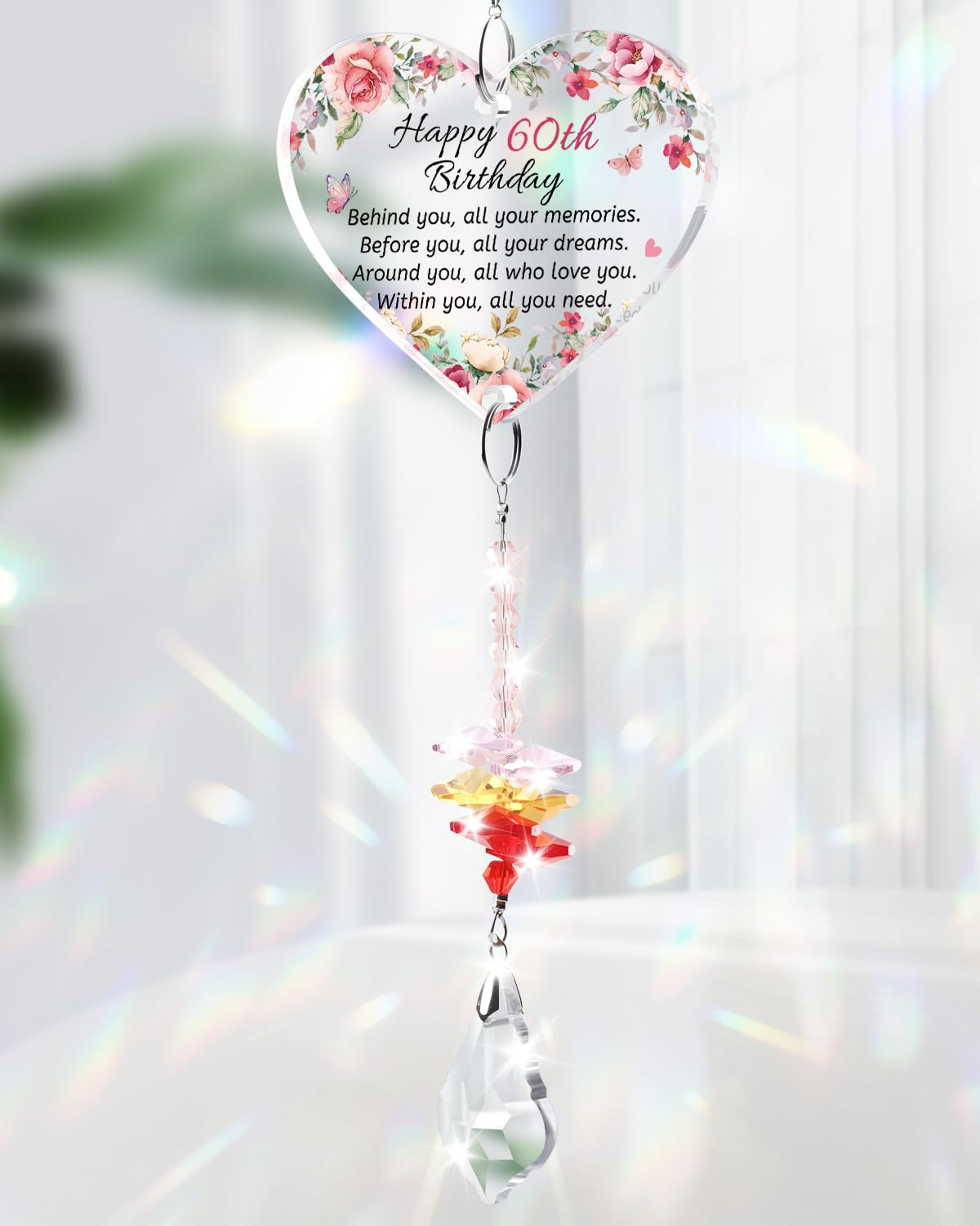Welsky 60th Birthday Gifts for Women Crystal Suncatcher, 60th Birthday Decorations, 60 Years Old Gifts for Mum Friend Sister Teacher Colleagues, Heart Acrylic Plaque Suncatcher Room Decor