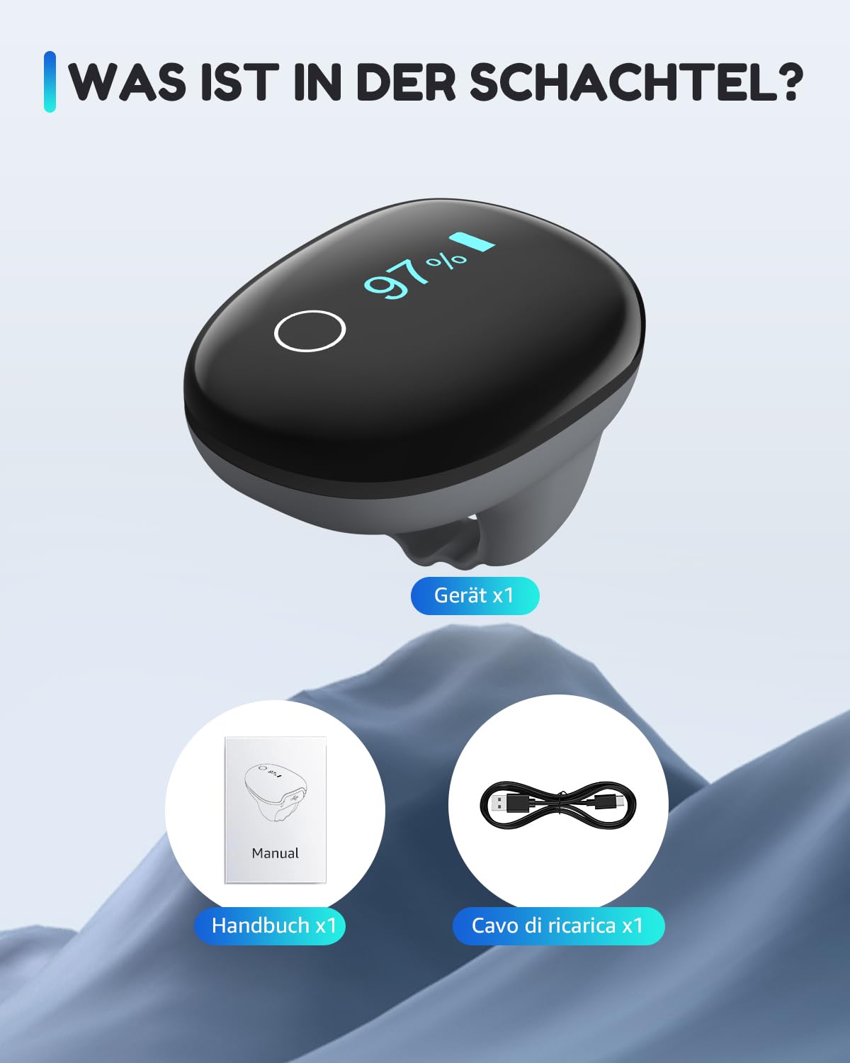 Wiederaufladbares O2 ring Bluetooth-Blutsauerstoffmessgerät für die Fingerspitze zur kontinuierlichen Messung von SpO2 und Pulsfrequenz