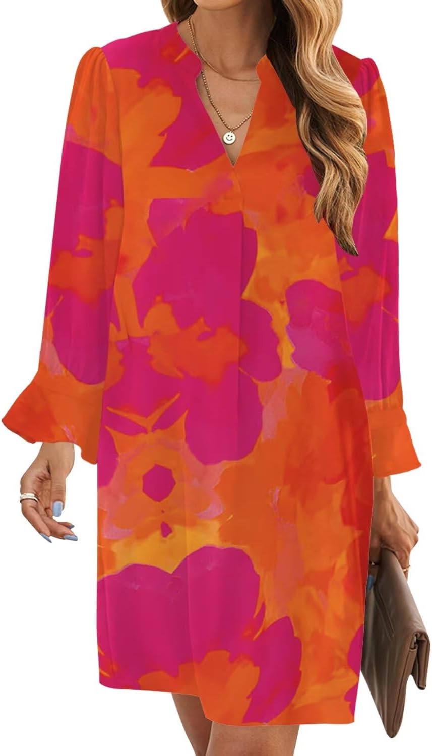 Wkior Long Sleeve Dress for Women V Neck Casual Cute Loose Flowy Swing Shift Dresses(S-2XL)