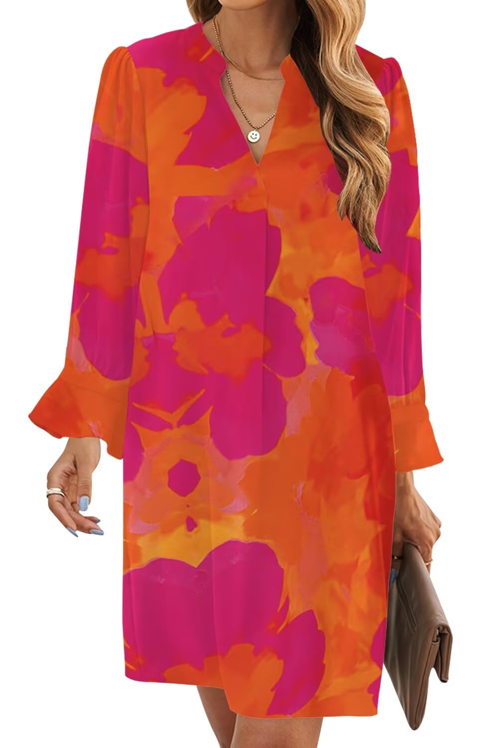 Wkior Womens Fall Ruffle Long Sleeve V Neck Shift Dresses (S-XXL)