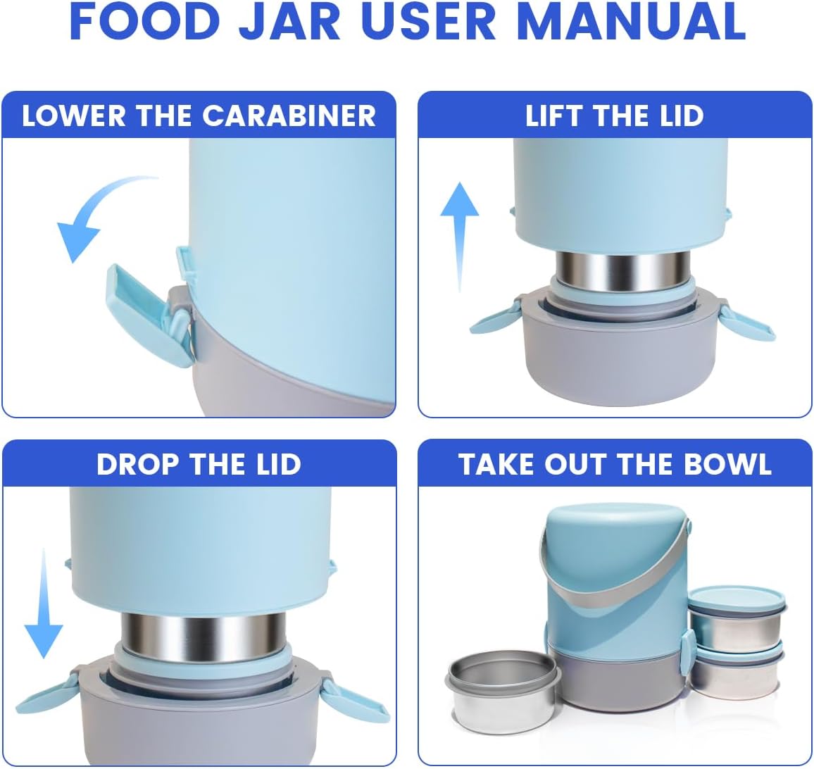 60.87oz Insulated Soup Container,Thermos Container For Hot Food,Contains 3 Tier Stainless Steel Leak Proof Stackable Thermal Food Jar,lunch box Containers For Office Picnic Travel Outdoors (Blue)