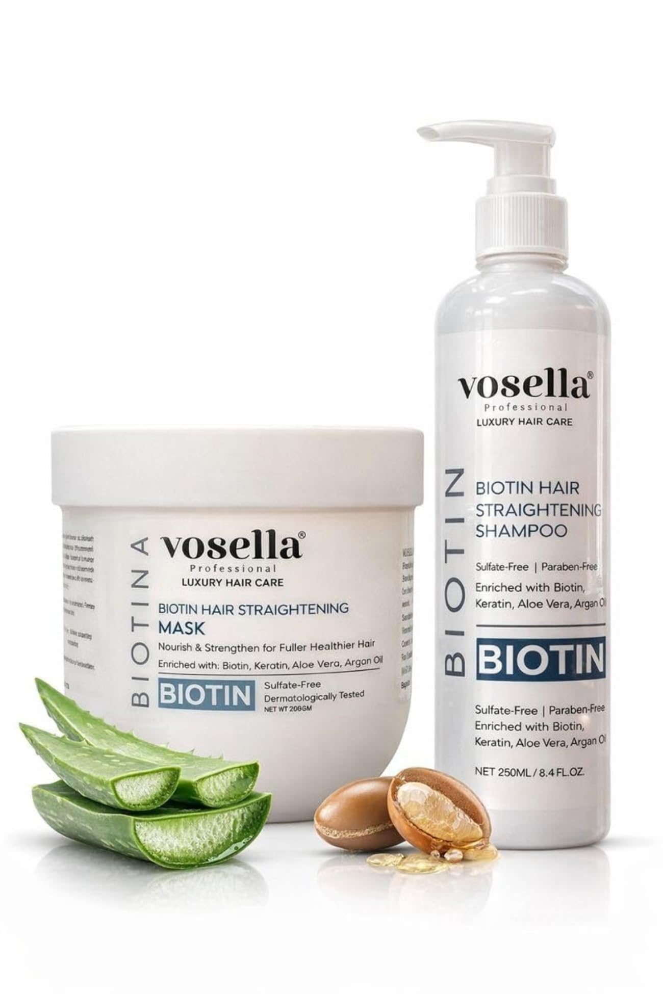 Vosella Professional Biotin Hair Straightening Shampoo & Mask Combo | Enriched with Biotin, Keratin, Aloe Vera & Argan Oil | Sulfate-Free | For Smooth, Strong & Healthy Hair | 250ml + 250g-image-30