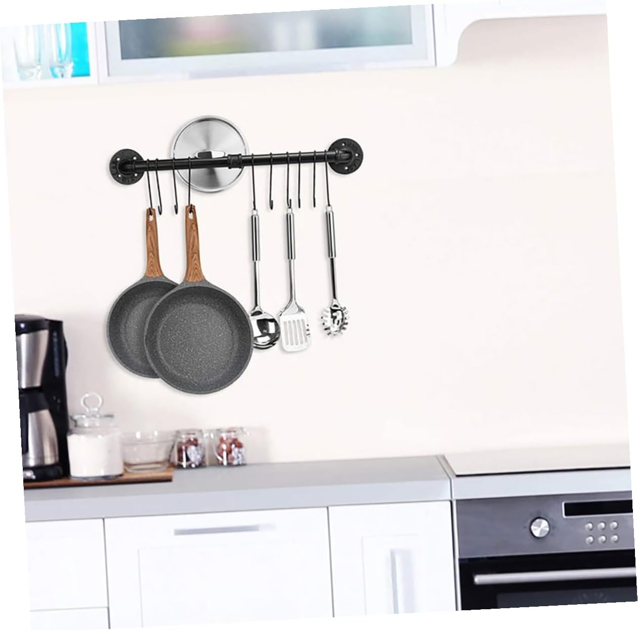 Wall Mount Iron Pot Rack with Hooks, 13 X 60cm Kitchen Utensil Hanger and Pan Lid Storage Rail for Home Kitchen Organization