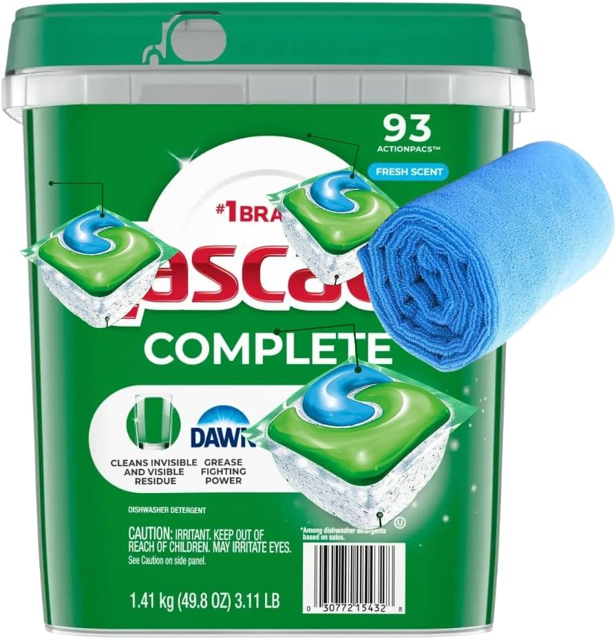 Complete spot free Dishwasher Detergent Action Fresh Scent, 93 Count with Microfiber Towel (93 Count(1 Pack))