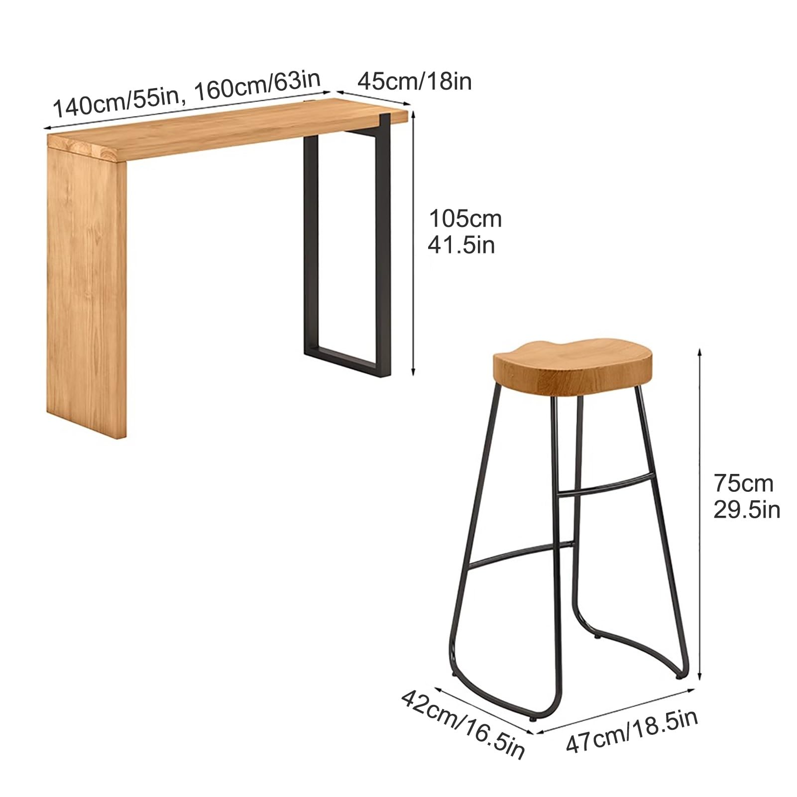 Bartisch- und Stuhlset, Stehtisch aus Massivholz, kreativer Esstisch mit Baumkante, für Küche, Wohnzimmer, Balkon, Keller, einfach zu montieren (140 x 40 x 105 cm / 55 x 16 x 41,5 Zoll)