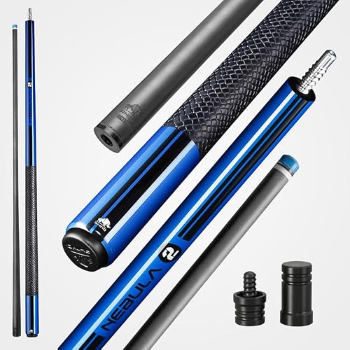 RHINO Nebula 2 Pool Cue - Premium Carbon Fiber Shaft & Composite Butt. Time Crystal Tip, Pro Taper Design. 3/8-8 Joint, Sport Wrap. Low Deflection Pool Cue (Sky Blue, 12.4 mm)