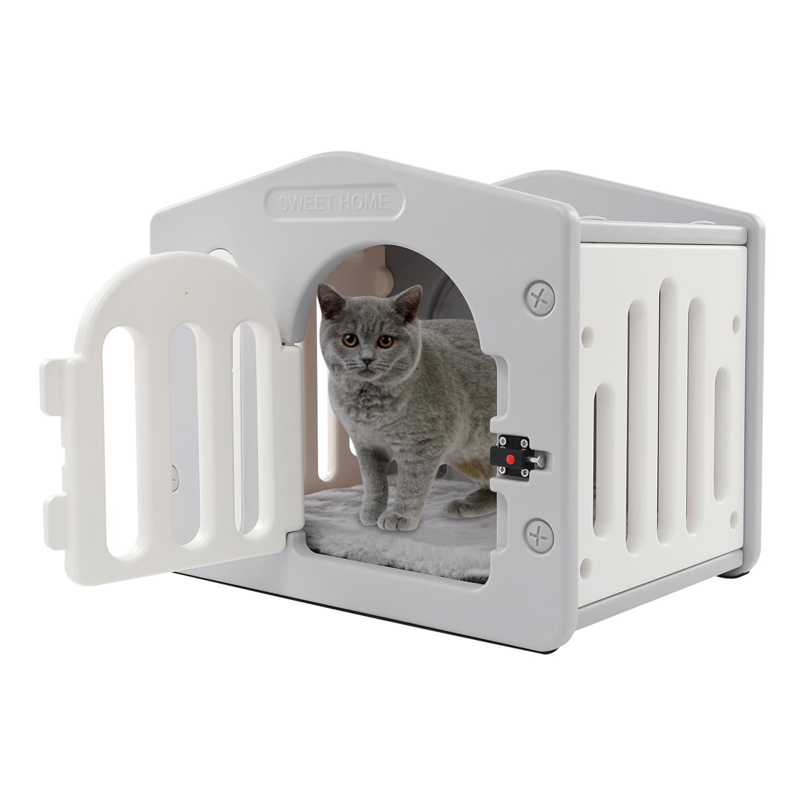 Maison pour chat d'extérieur - Robuste - Avec serrure de porte à bouton pression pour l'intérieur et l'extérieur - Niche confortable avec coussin pour chat et ventilation - 52 x 40 x 45 cm