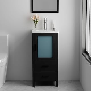 wonline 16" Bathroom Vanity Set, Single Small Bathroom Cabinet with Ceramic Sink, Modern Black Cabinet Vanity with Faucet & Pop Up Drain