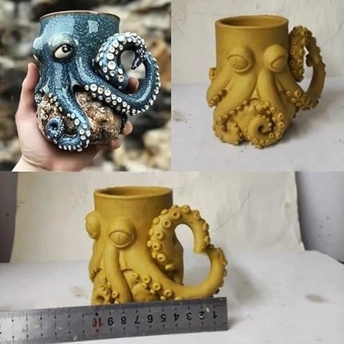 Miniatura 6 de Taza de pulpo de criatura oceánica para decoración del hogar, soporte para bolígrafo de pulpo 3D, único y novedoso con mango de tentáculo, bigote,
