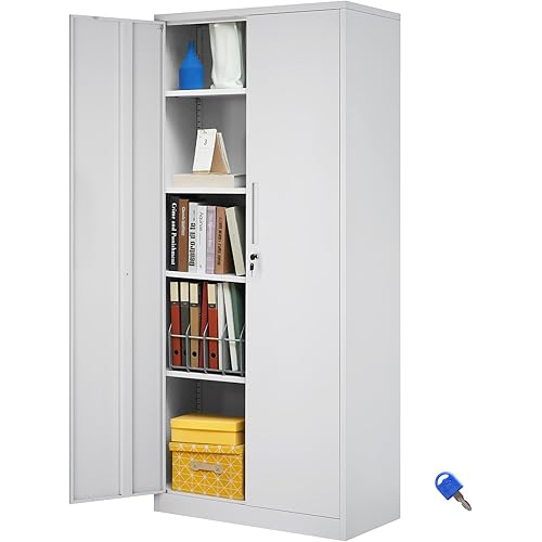 VEVOR Metal Storage Cabinet, Steel Locking Storage Cabinet with 2 Magnetic Doors and 4 Adjustable Shelves, 71'' Metal Cabinet 200 lbs Capacity per Shelf with 3 Keys, for Office, Home, Garage, White