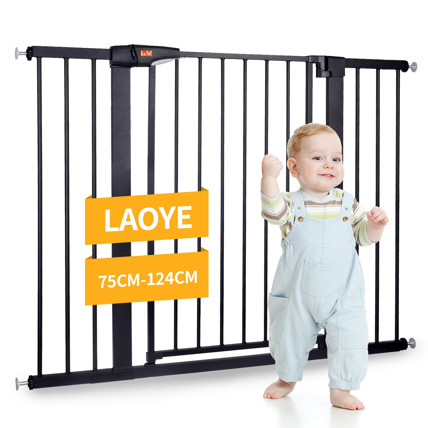 LAOYE Treppenschutzgitter ohne Bohren, Extra Hoch 92 cm, 75-124 cm, mit 3 Verlängerungen, Auto-Close & 90° Stopp - Schwarz