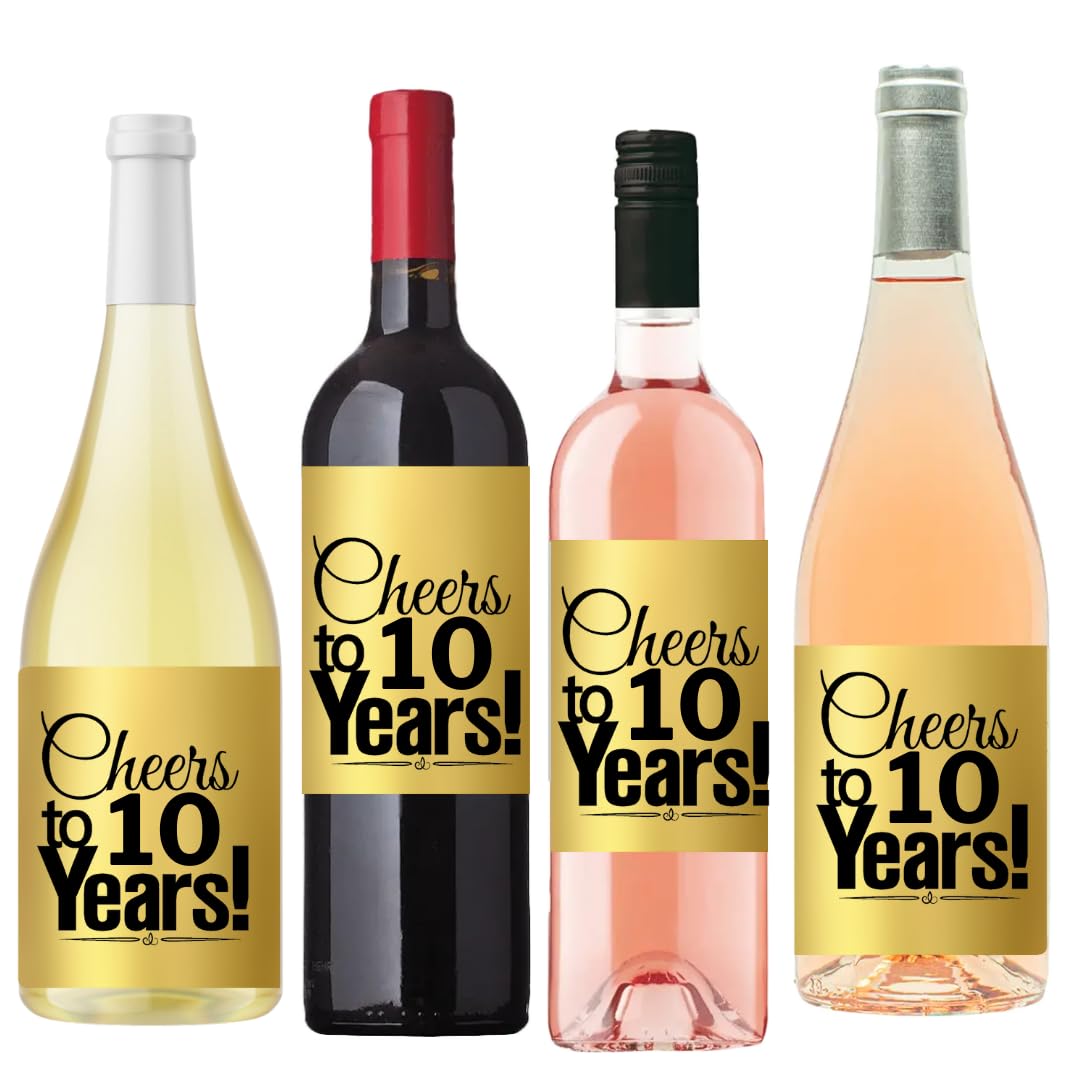 CakeSupplyShop Item#010CWB 10th Birthday/Anniversary Cheers Metallic Gold Wine Bottle Labels-8ct