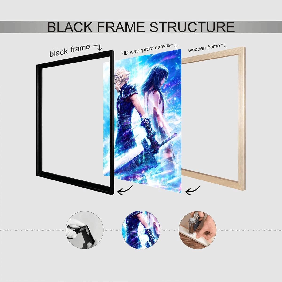 Final of Fantasy 7 Cloud & Tifa Poster Art Print of Main Characters Gaming Room Wall Decor for Fans(20x30inchs，Black Framed)